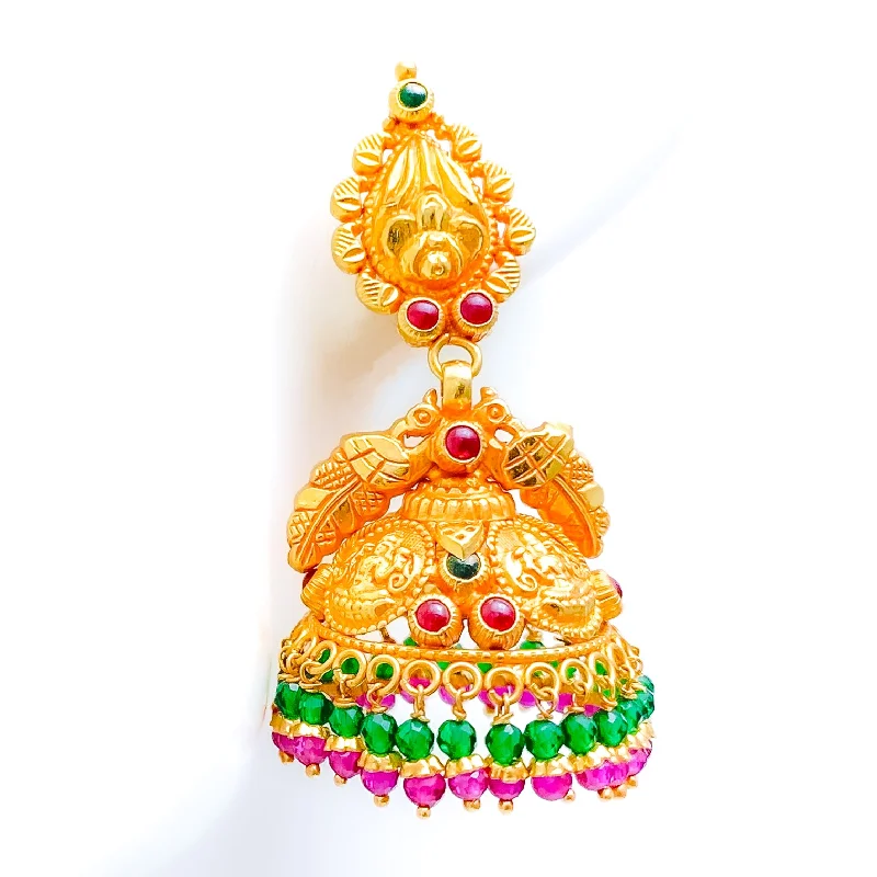 Vibrant Multi-Bead 22k Gold Temple Jhumki Earrings