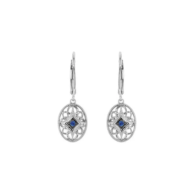 Vintage Style Sterling Silver Lever Back Blue Sapphire Earrings