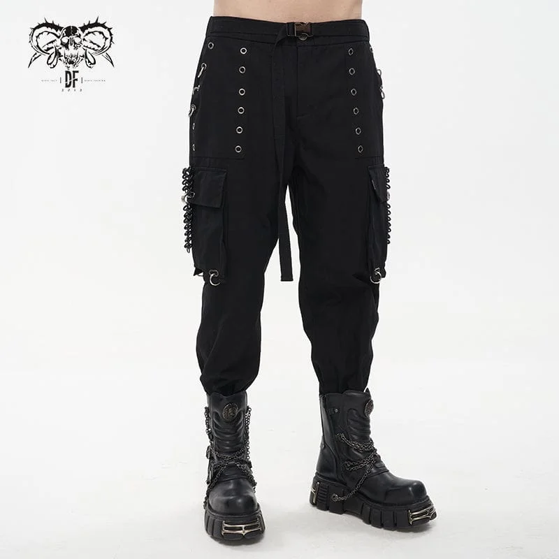 Men's Punk Big-pocket Eyelets Jogger Pants with Strap Belt