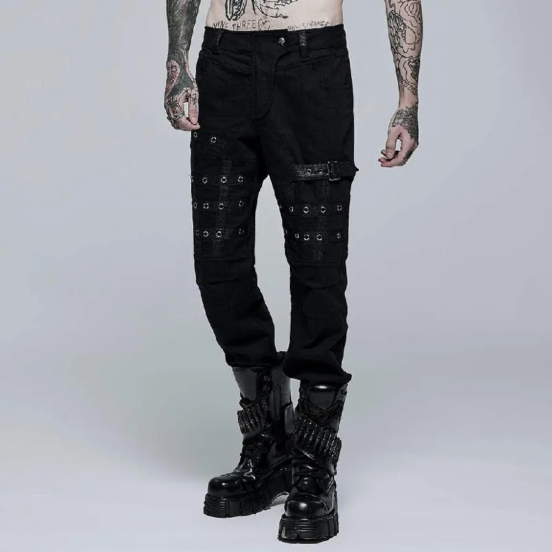 Men's Punk Buckle Splice Woven Pants