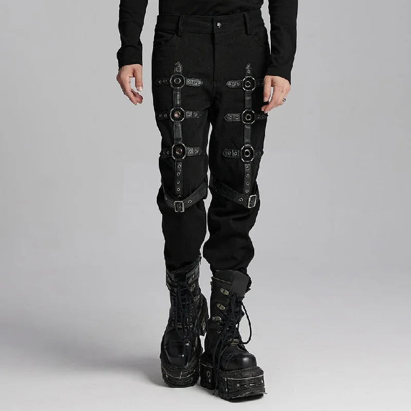 Men's Punk Buckle-up Eyelets Ring Pants