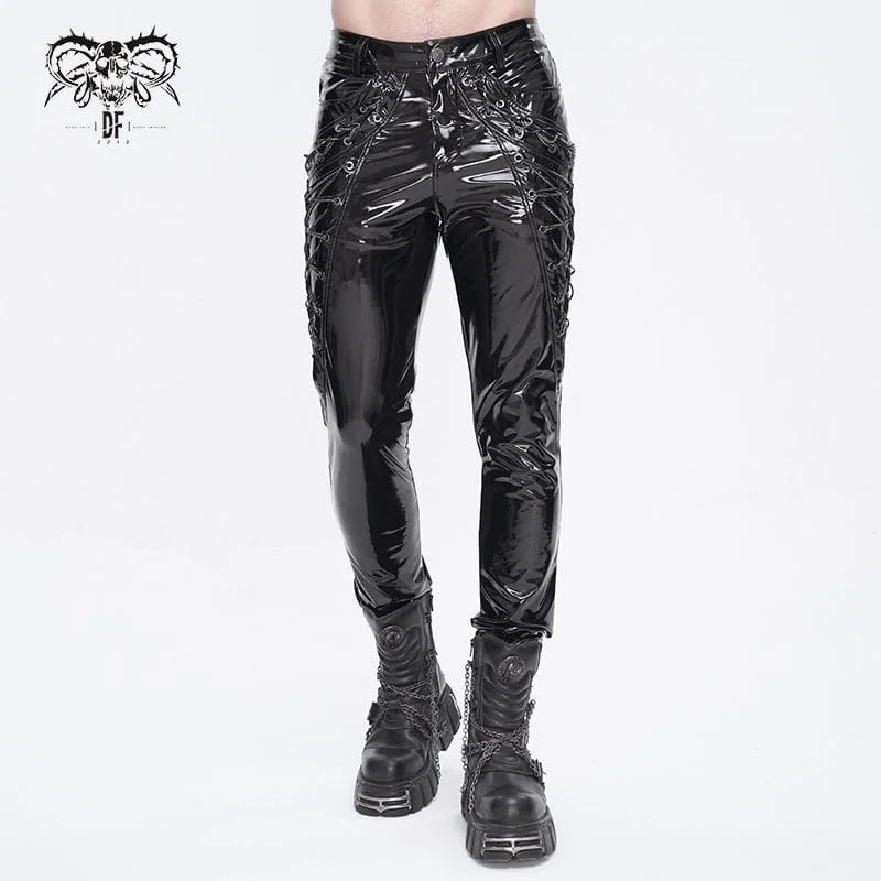 Men's Punk Lace-up Patent Leather Pants