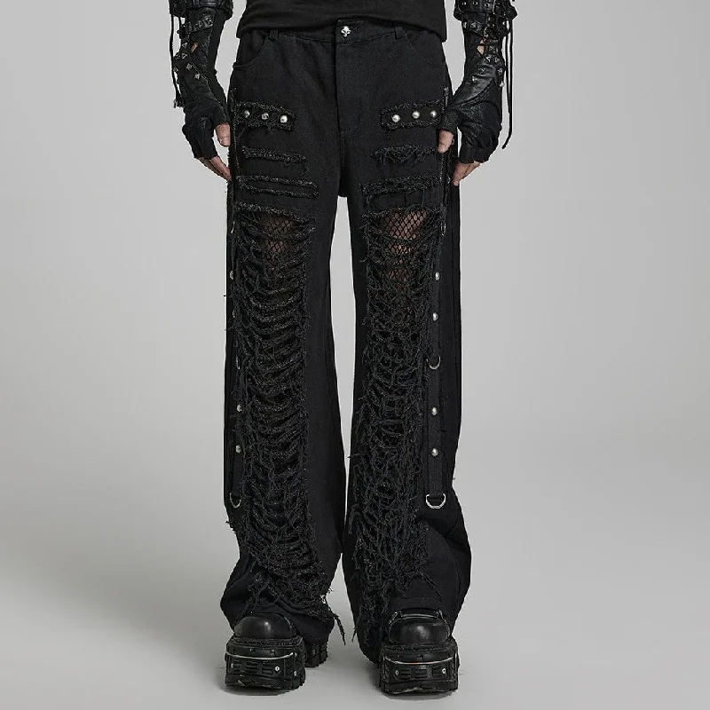 Men's Punk Ripped Mesh Splice Straight Pants