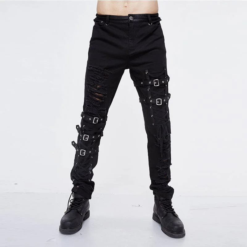 Men's Punk Ripped Straps Straight-leg Pants