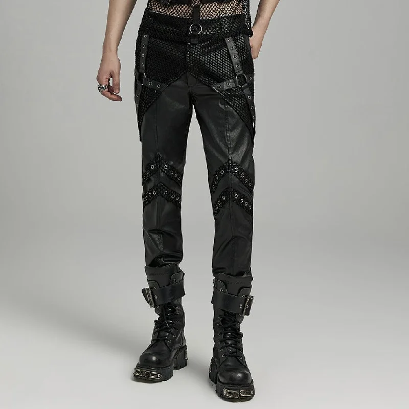 Men's Punk Rock Mesh Splice Eyelet Straps Faux Leather Pants