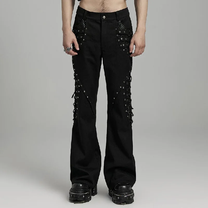 Men's Punk Rock Mesh Splice Eyelet Straps Flared Pants