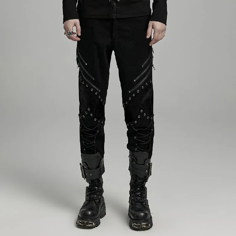 Men's Punk Strappy Faux Leather Splice Zipper Pants