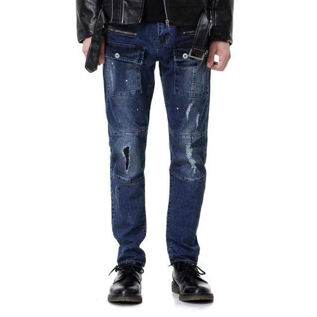 Men's Street Fashion Multi Pockets Ripped Denim Pants