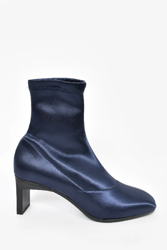 3.1 Phillip Lim Navy Blue Stretch Satin Square Toe Booties Size 36.5