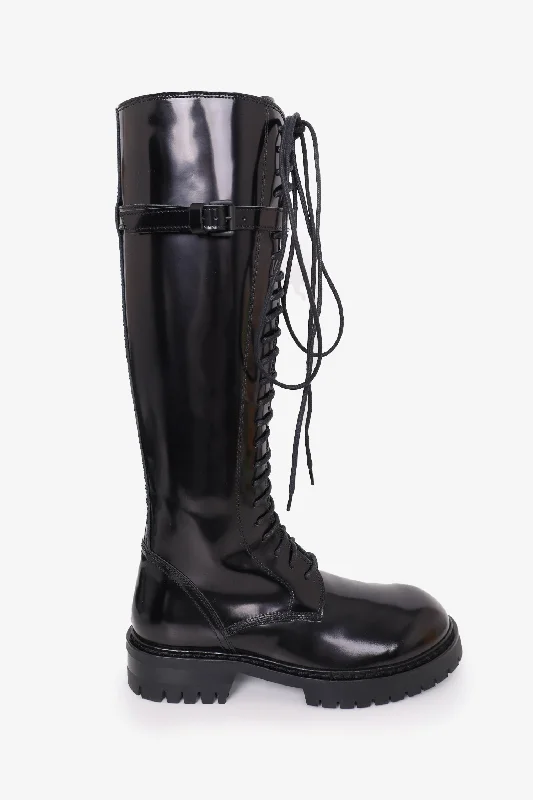 Ann Demeulemeester Black Patent Lace Up Knee-High Boots Size 39.5