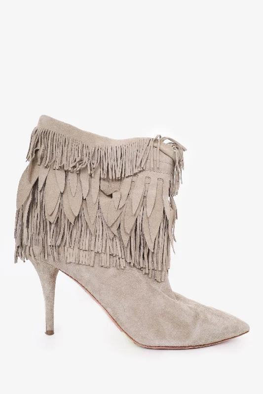 Aquazurra Taupe Suede Fringe Ankle Boots Size 40