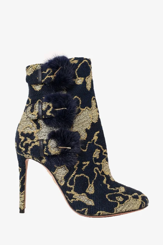 Aquazzura Navy/Gold Patterned Fur Buckled Heeled Boots Size 37.5