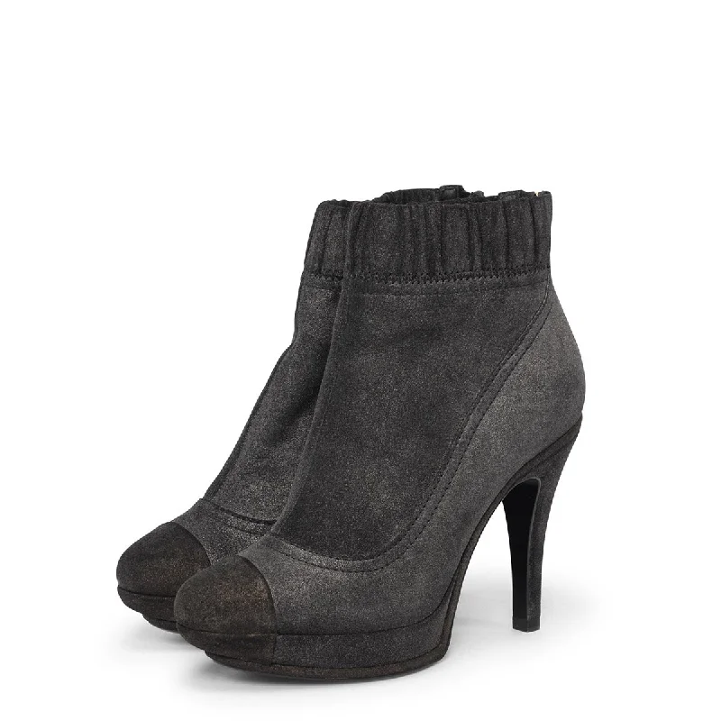 Chanel Anthracite Metallic Suede Platform Sock Boots 37