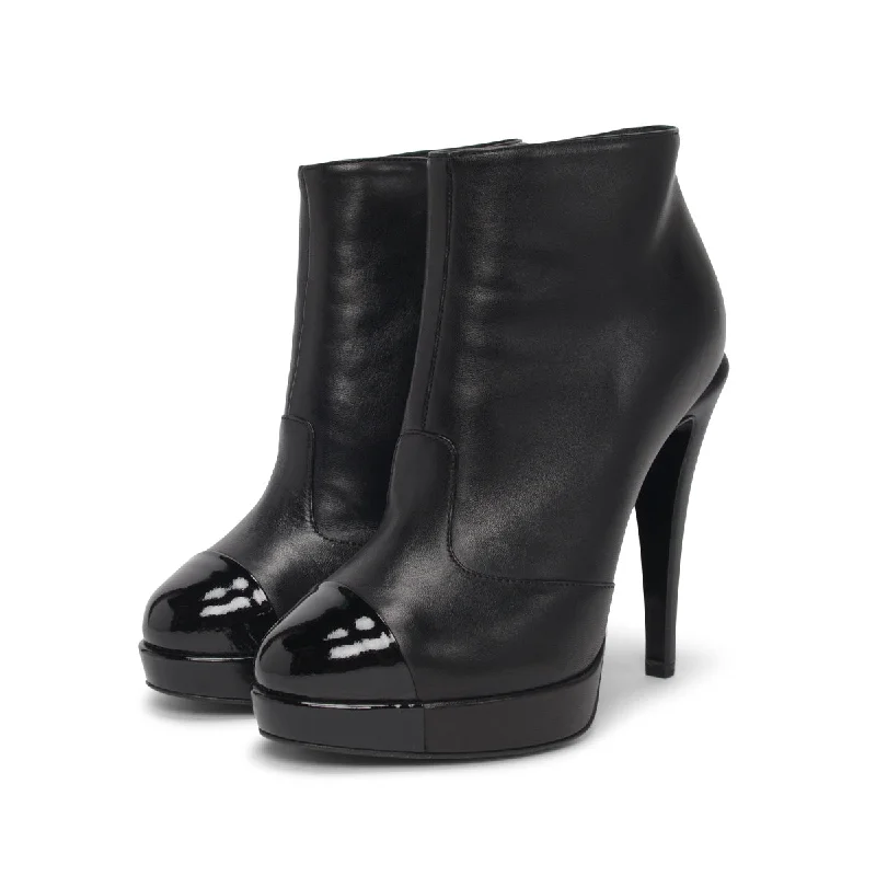 Chanel Black Lambskin Patent Cap Toe Boots 36