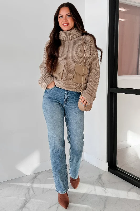 Tell Me Everything Cowl Neck Cargo Sweater (Taupe)