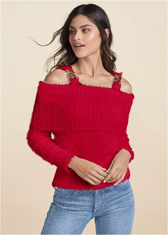 Chain Detail Cold-Shoulder Sweater - Red