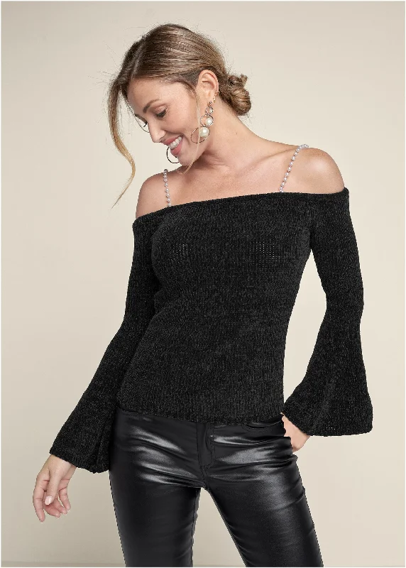 Off Shoulder Pearl Strap Chenille Sweater - Black