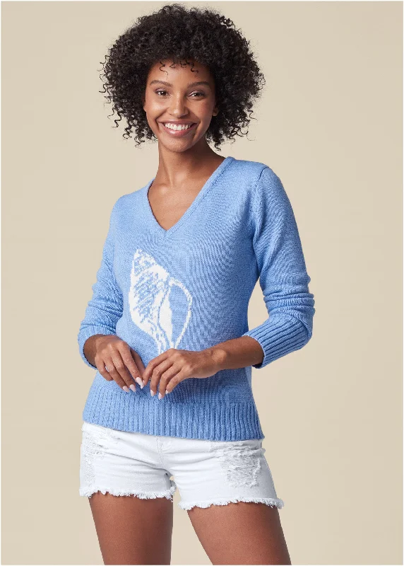 Conch Shell V-Neck Sweater - Light Blue