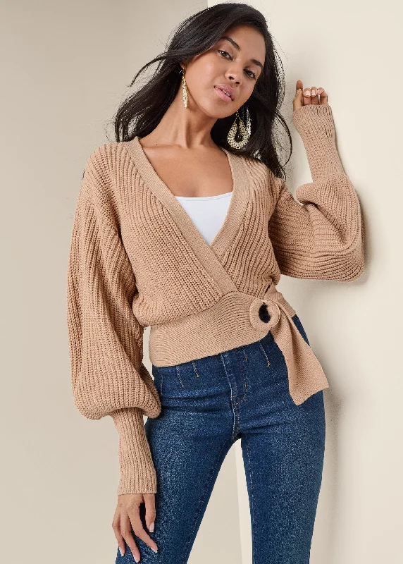 Wrap Balloon Sleeve Sweater - Light Brown