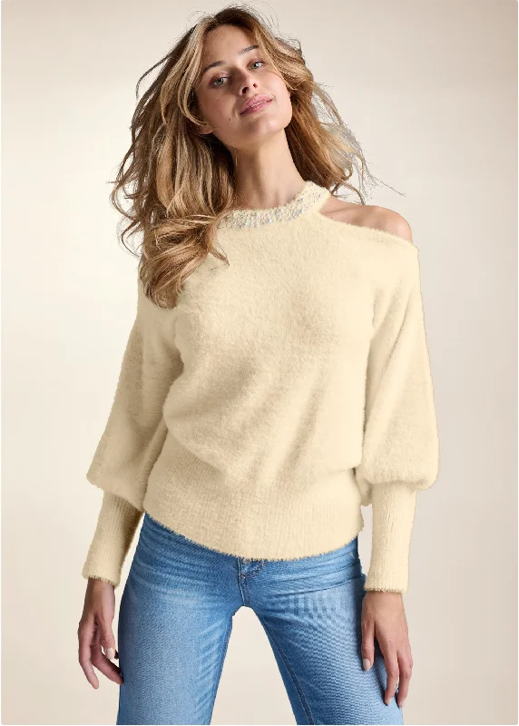 Cozy Cold Shoulder Pearl Accent Sweater - Off White