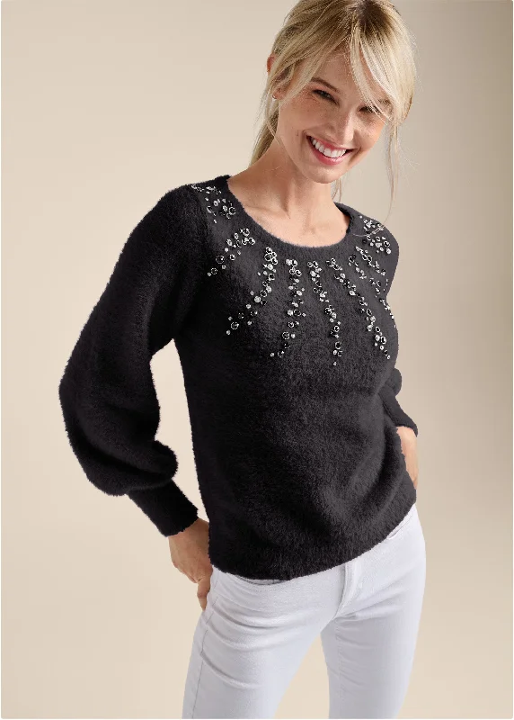 Jeweled Feather-Soft Sweater - Black Multi