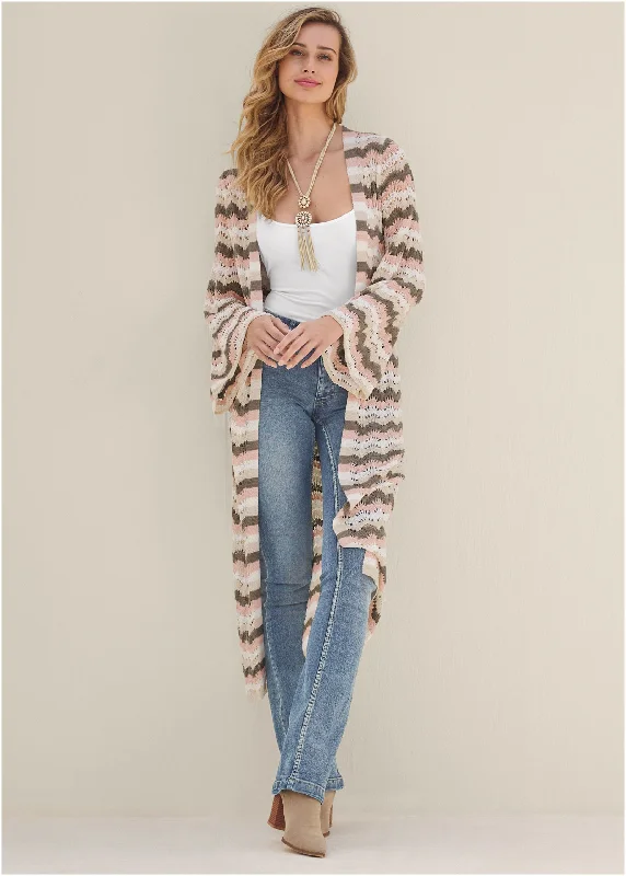 Pointelle Striped Duster - Off White Multi