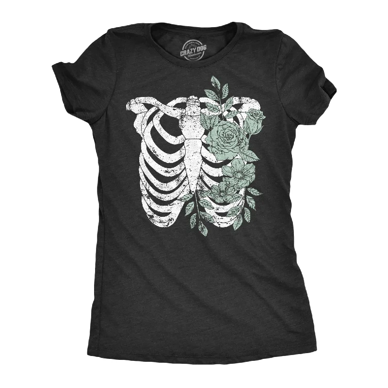 Womens Floral Ribcage T Shirt Funny Halloween Skeleton Flower Ribs Tee For Ladies