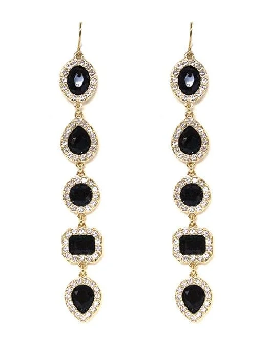 HE2014 Black Gemstone CZ Long Dangle Earrings