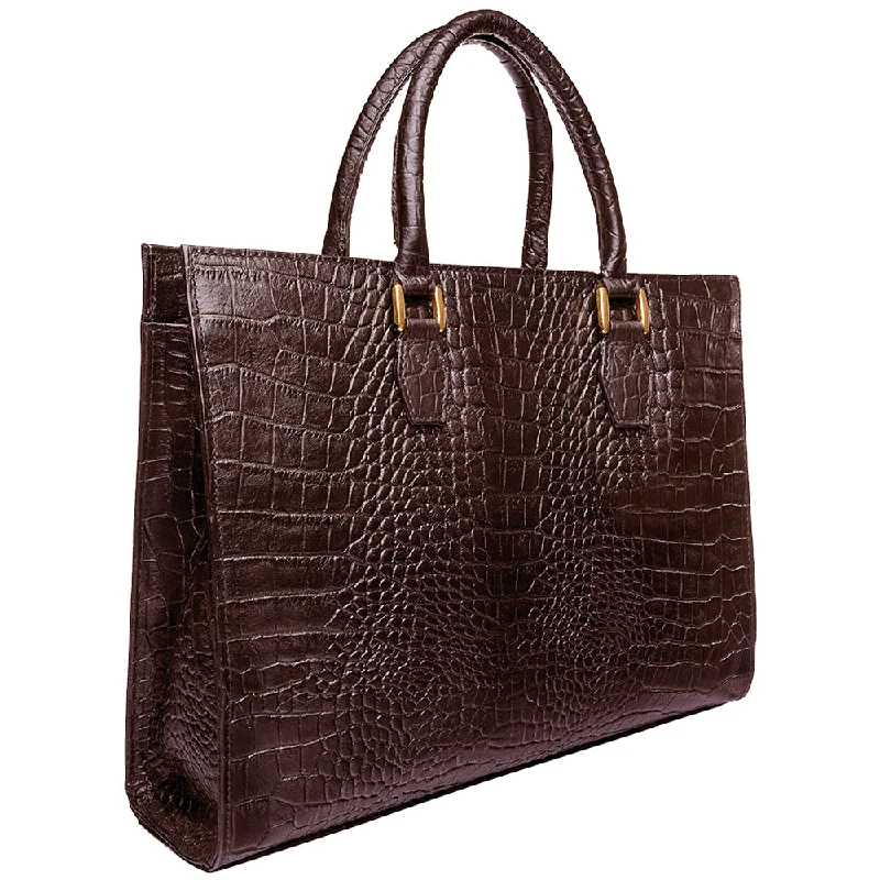 Hidesign Kester Leather Croc Embossed Briefcase Chocolate Brown