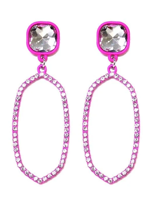 VE2888 Iridescent Post Rhinestone Oval Dangle Earrings