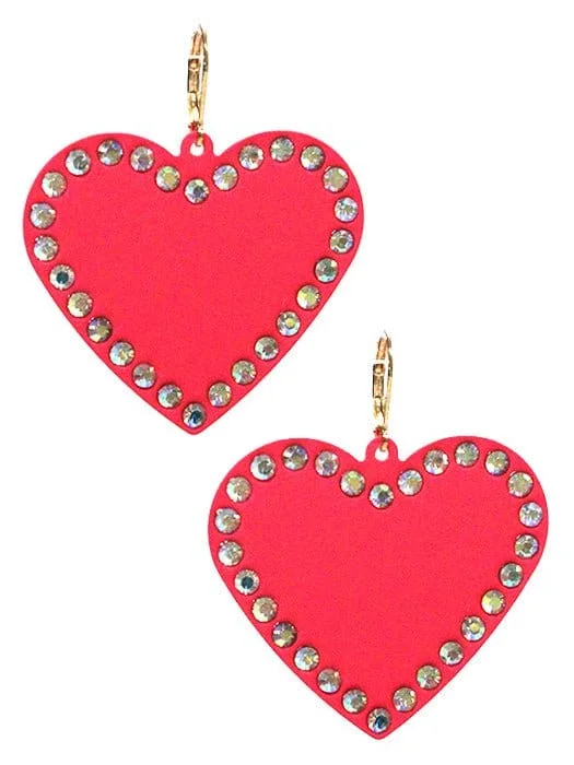 VE3535 Rhinestone Heart Dangle Earrings