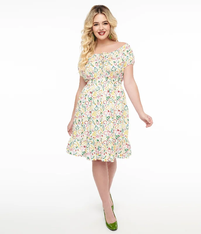 1950s White & Rainbow Fruit Print Fit & Flare Dress