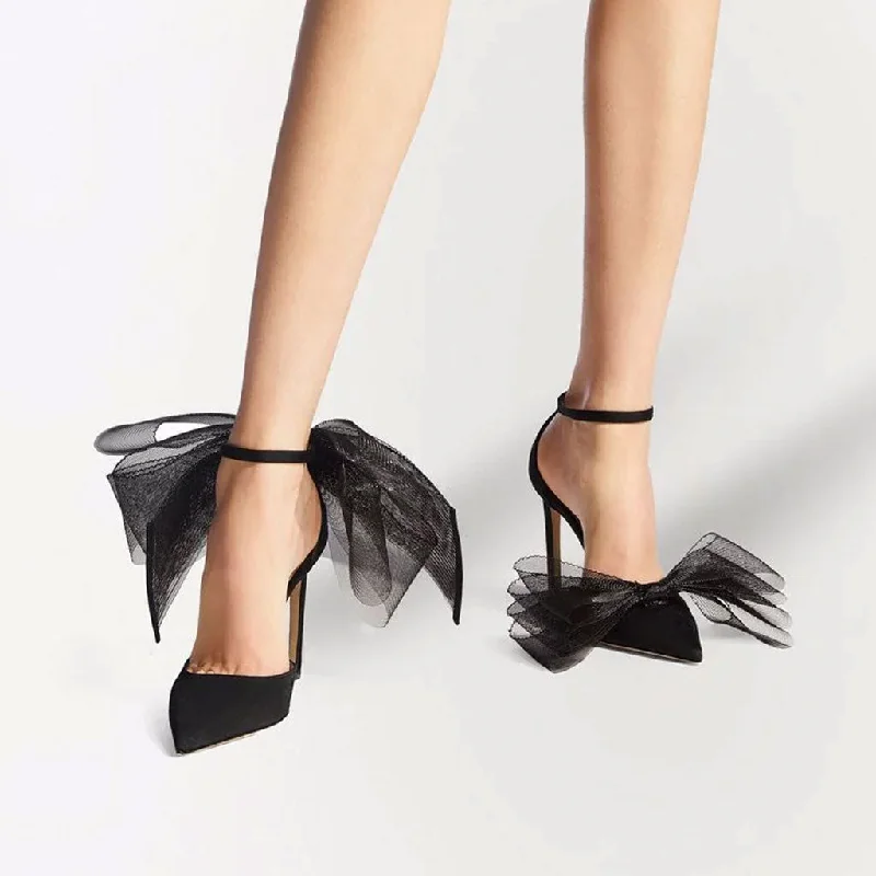 Asymmetric Bow Detail Pointed Toe Ankle Strap Stiletto Pumps - Black