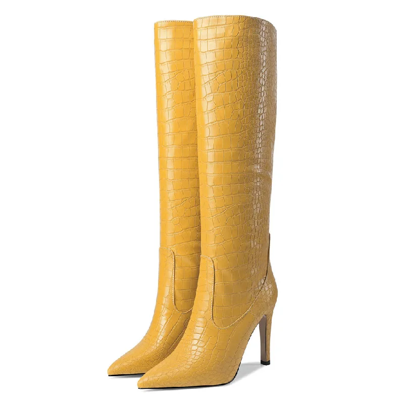 Chic Croc Effect Faux Leather Pointed Toe Knee High Stiletto Boots - Yellow