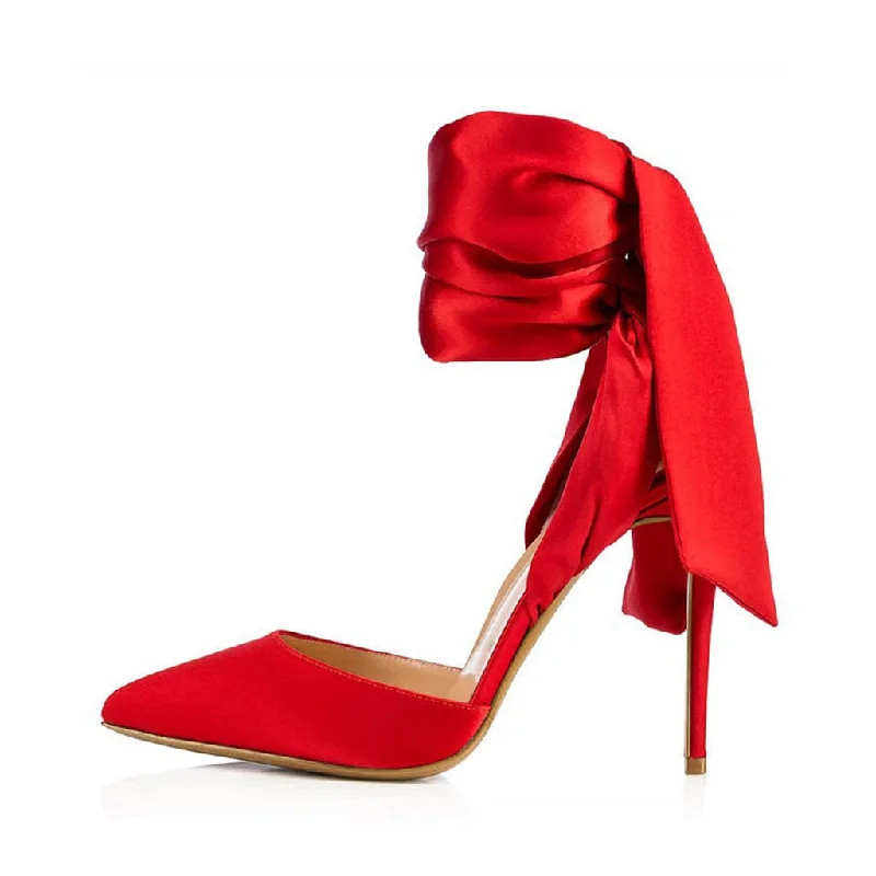 Dramatic Ankle Bow Tie Pointed Toe Stiletto Satin Pumps - Red