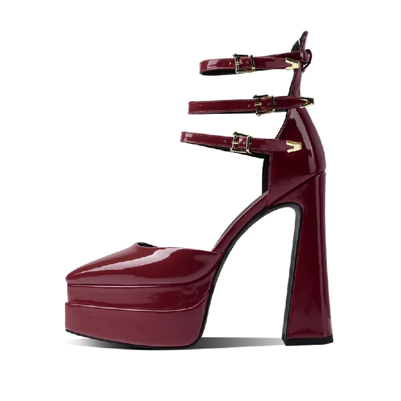 Glossy Pointed Toe Platform Block Heel Ankle Strap Pumps - Burgundy