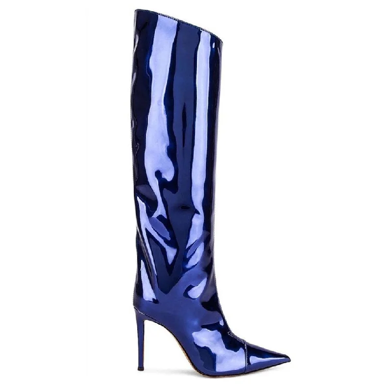 Metallic Pointed Toe Patent Leather Knee High Stiletto Boots - Dark Blue