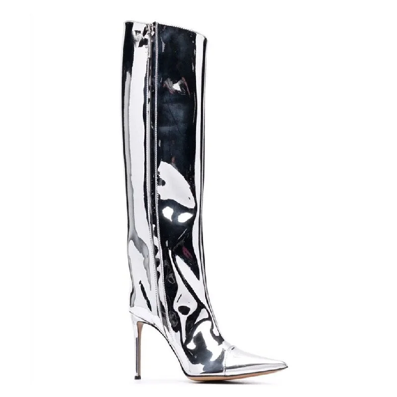 Metallic Pointed Toe Patent Leather Knee High Stiletto Boots - Silver