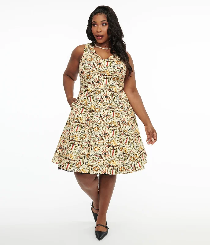 Plus Size Ivory & Tarot Card Print Cotton Swing Dress