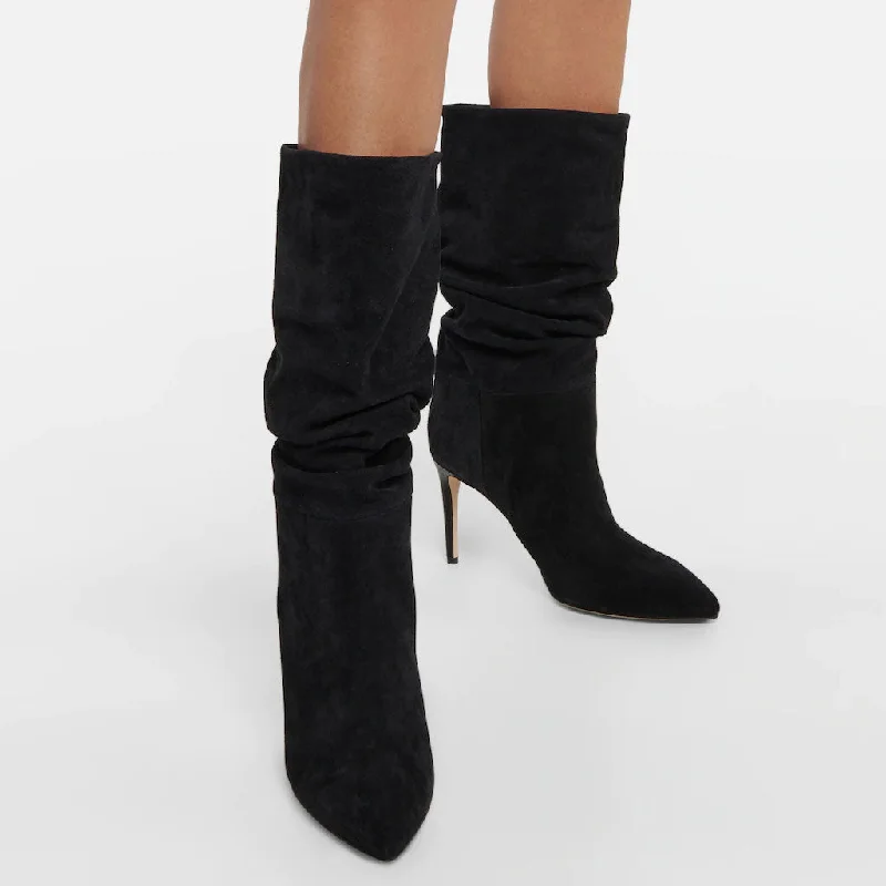 Slouchy Mid Calf Pointed Toe Stiletto Suede Boots - Black