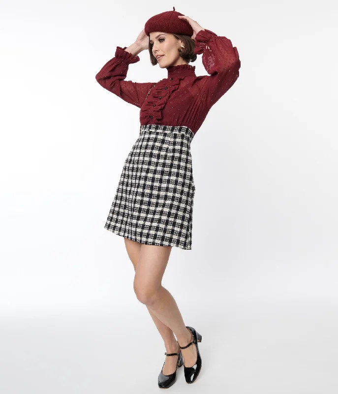 Smak Parlour 1960s Burgundy & Plaid Ruffle Neck Empire A-Line Dress