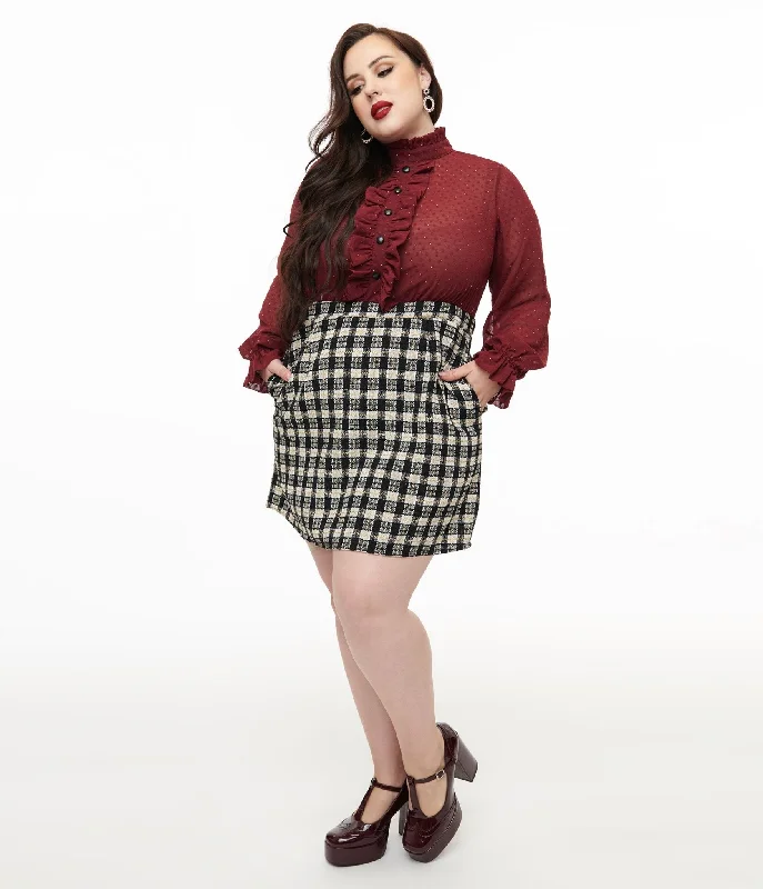 Smak Parlour Plus Size 1960s Burgundy & Plaid Ruffle Neck Empire A-Line Dress