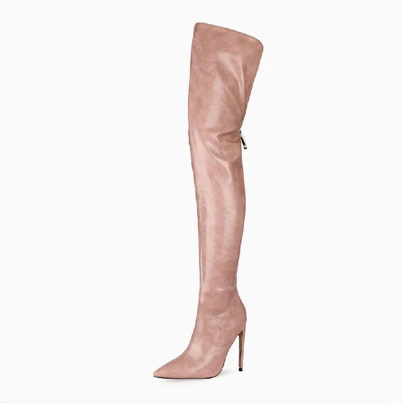 Stylish Pointed Toe Faux Leather Over Knee Stiletto Boots - Taupe Pink