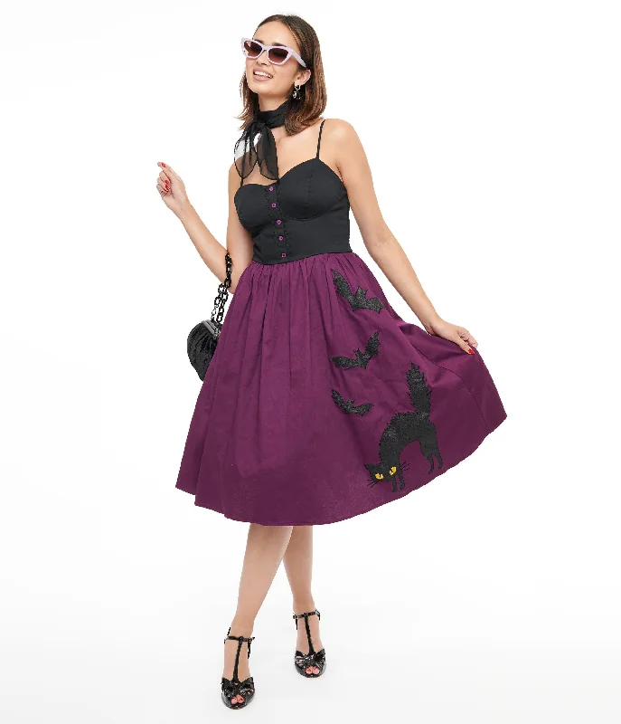 Unique Vintage 1950s Purple & Black Glitter Cat Swing Dress