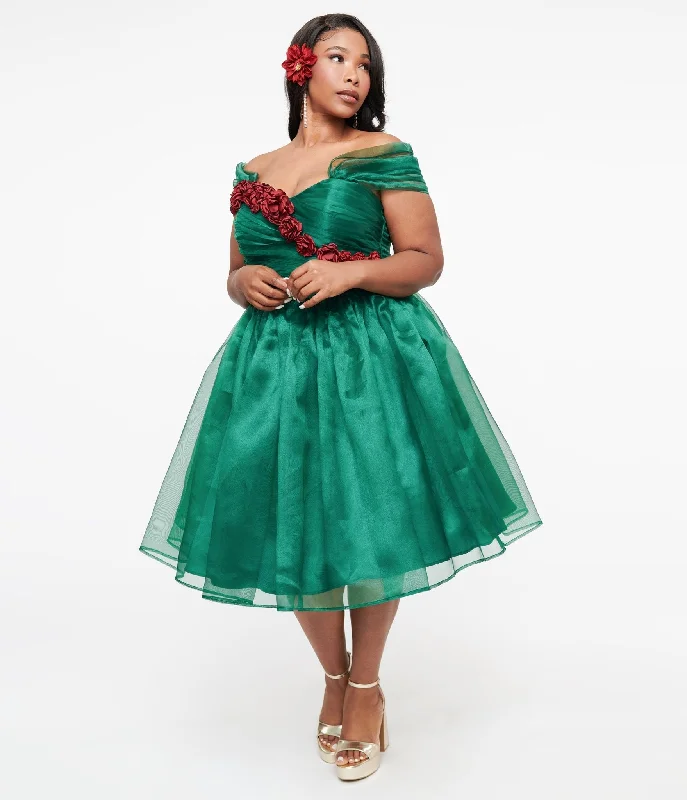 Unique Vintage 1940s Emerald & Roses Garden State Swing Dress