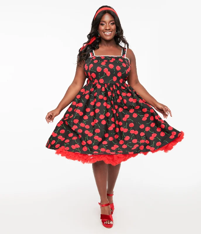 Unique Vintage Plus Size 1950s Black & Cherry Print Cotton Pinafore Swing Dress