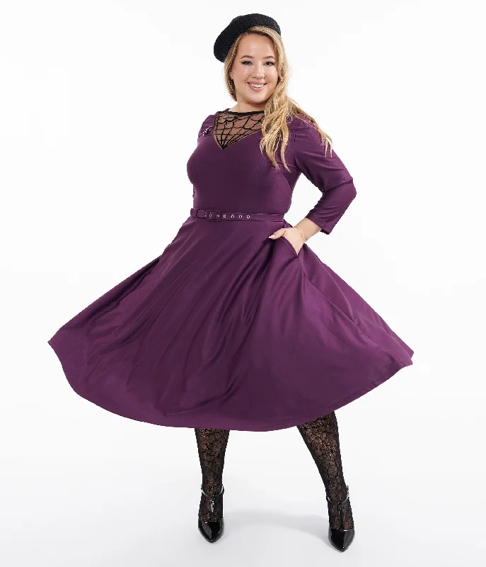 Unique Vintage Plus Size 1950s Eggplant & Black Spiderweb Devon Swing Dress