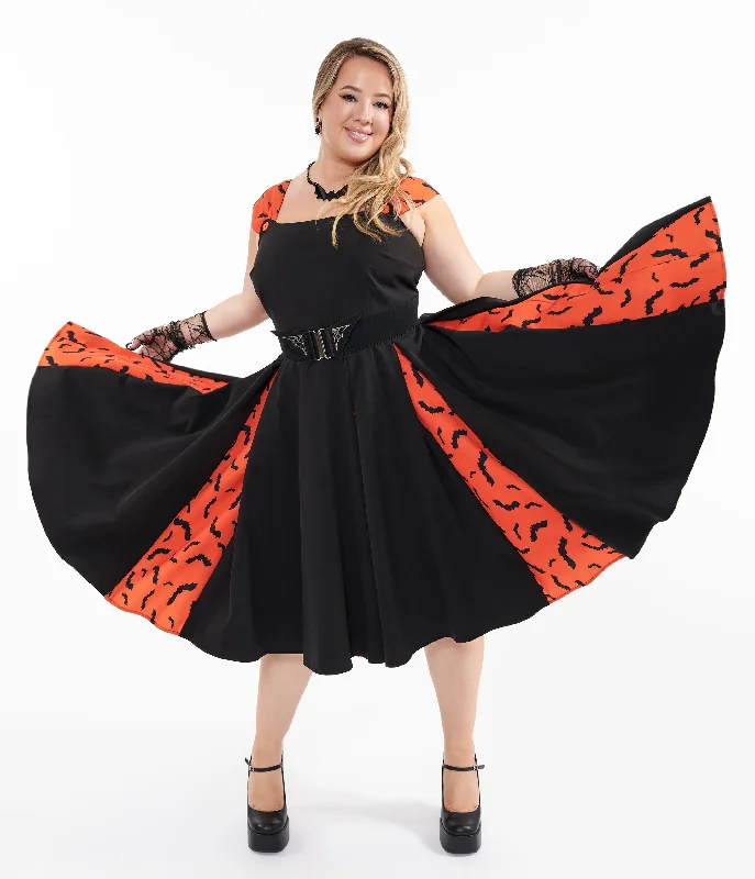 Unique Vintage Plus Size 1950s Orange & Black Bat Stripe Swing Dress