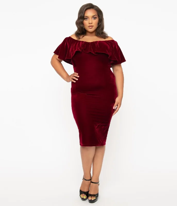 Unique Vintage Plus Size 1950s Burgundy Red Velvet Sophia Wiggle Dress