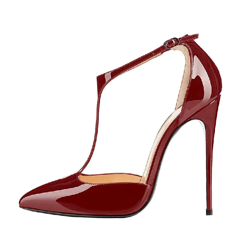 Vintage Patent Leather Pointed Toe T Strap Stiletto Pumps - Burgundy